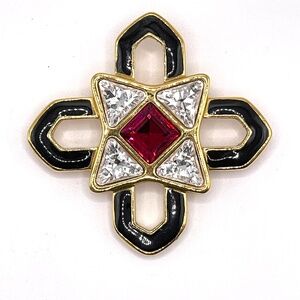 Monet Signed Vintage Byzantine Maltese Cross Black Enamel Rhinestone Brooch Pin